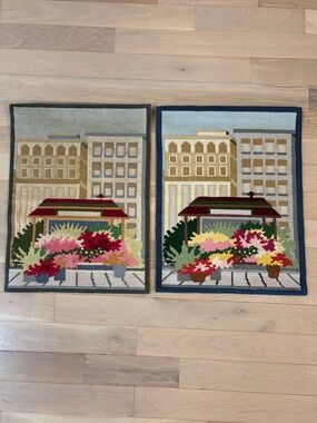 Vintage Hand Hooked Wool Accent Wall Hangings Set of 2 City Flower Market